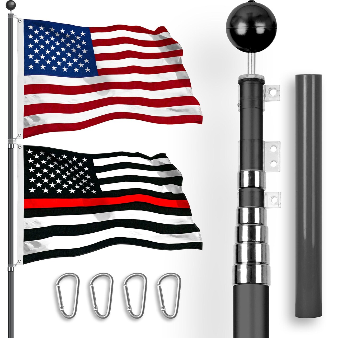 G128 Combo Pack: 25 Ft Telescoping Aluminum Flagpole (Black) & American and Thin Red Line Flags 3x5 Ft, Both StormFlyer Series Embroidered 220GSM Spun Polyester | Pole with Flags Included